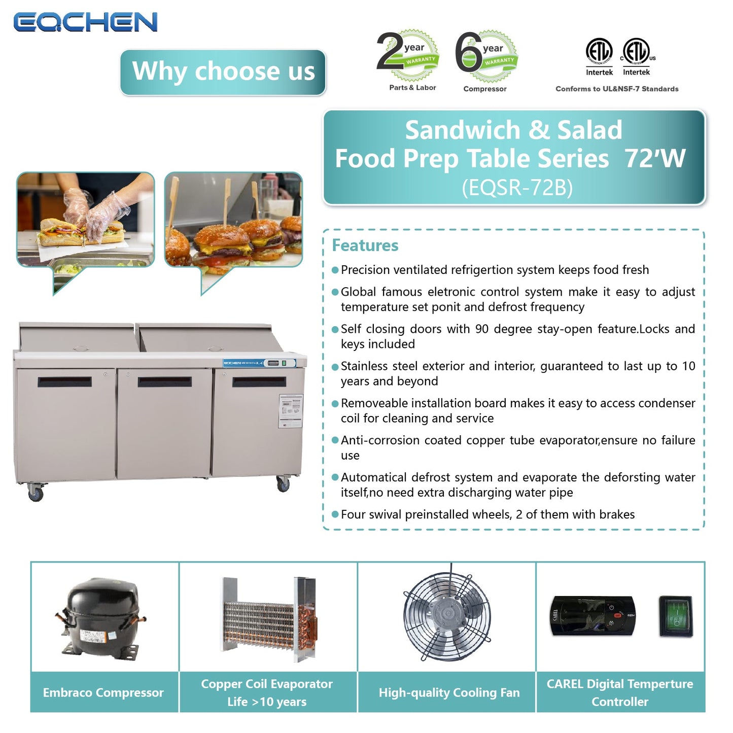 EQCHEN 72 Inch Sandwich Prep Table Refrigerator