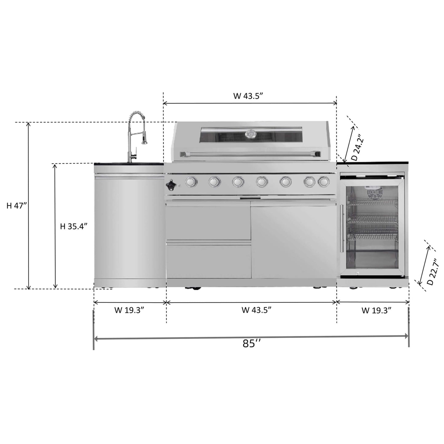 Castelle Flame 44-Inch 6-Burner 85K BTU Stainless Steel Outdoor BBQ Kitchen Island Grill With Wine Cooler, Rotisserie Kit, And Storage Cabinets (SAK97105)