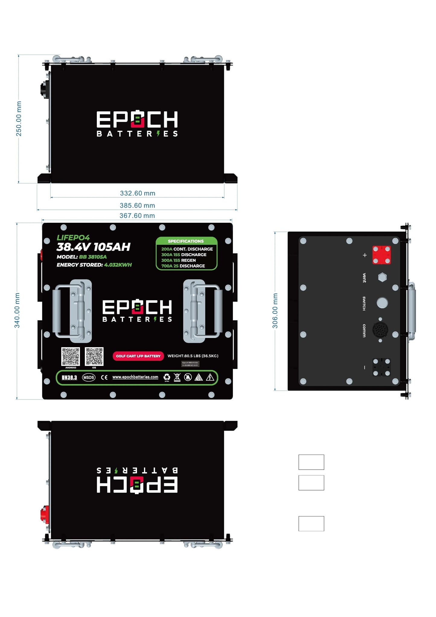 Epoch Batteries 36V 105Ah - LiMax Series - Lithium (LiFePO4) Golf Cart Battery - Complete Kit