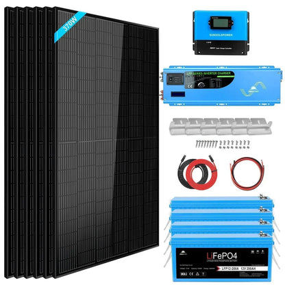 Off Grid Solar Kit 6000W 24VDC 120V/240V 10.24KWH Lithium Battery 6 X 370 Watt Solar Panels SGK-PRO62