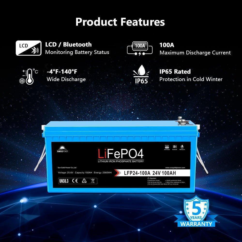 Sungold Power 24V 100Ah LiFePo4 Deep Cycle Lithium Battery Bluetooth Self-Heating / IP65