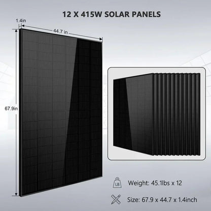 Off Grid Solar Kit 10000W 48VDC 120VAC/240V 20.48KWH Powerwall Lithium Battery 12 X 415 Watts Solar Panels SGM-10M2T