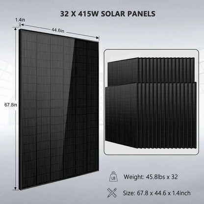 Off Grid Solar Kit 16KW 48VDC 120V/240V 25.6KWH LITHIUM BATTERY 32 X 415 Watts Solar Panels SGR-16K25E