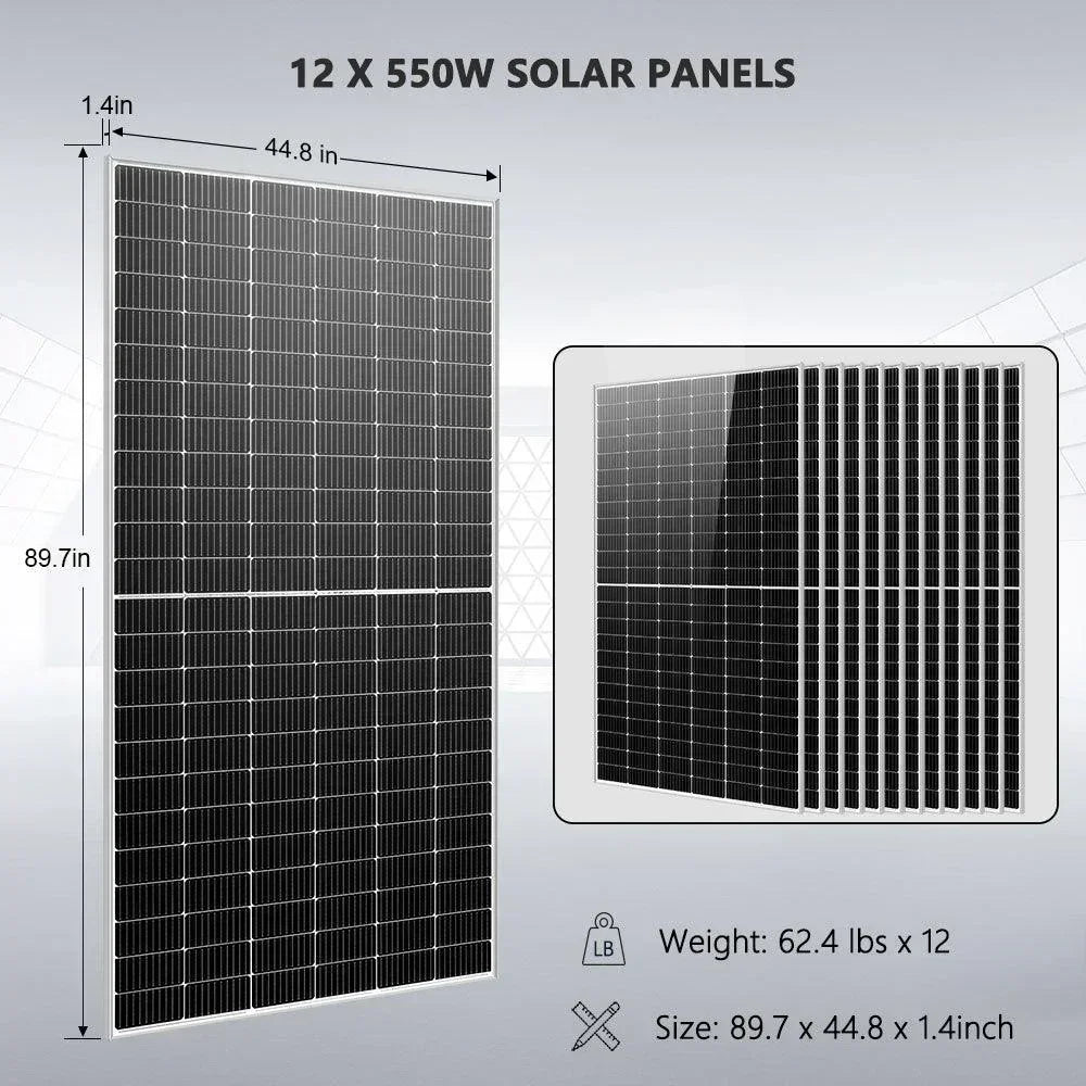 Off Grid Solar Kit 10KW 48VDC 120V/240V 25.6KWH Lithium Battery 12 X 550 Watts Solar Panels SGR-10K25