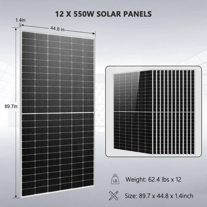Off Grid Solar Kit 10KW 48VDC 120V/240V 25.6KWH Lithium Battery 12 X 550 Watts Solar Panels SGR-10K25