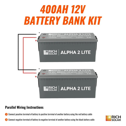 Rich Solar - 400Ah 12V LiFePO4 Off-Grid Battery Kit | 5.12kWh Deep Cycle Lithium Battery Bank | 2 X ALPHA 2 LITE in Parallel