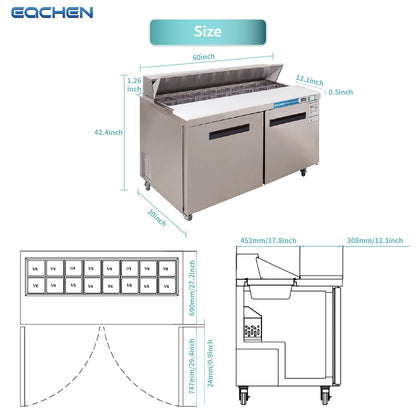 EQCHEN 60 Inch Sandwich Prep Table Refrigerator