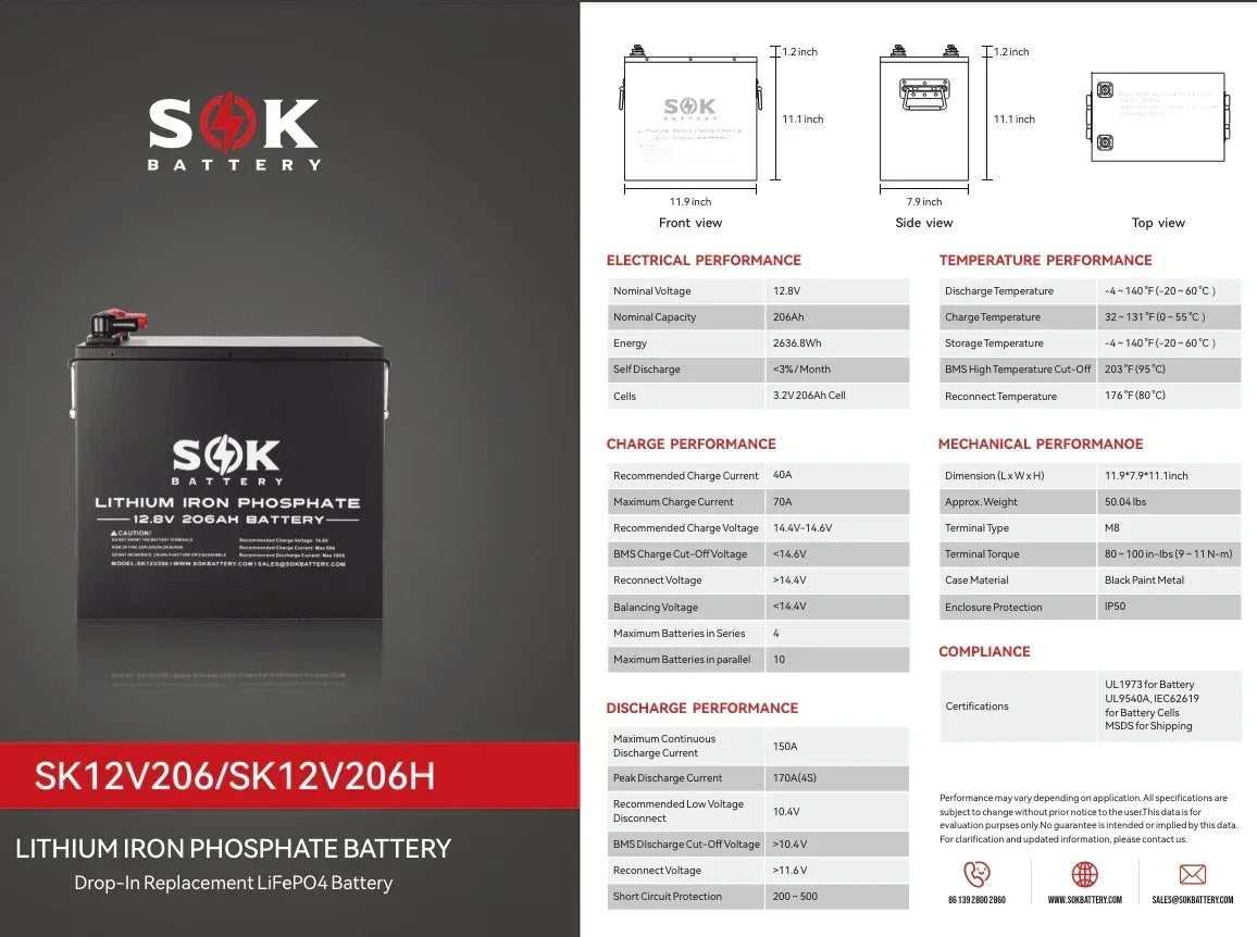 SOK Battery 12V [206Ah-H] 12V LiFePO4 Bluetooth & Optional Built-in heater | SK12V206H & SK12V206P