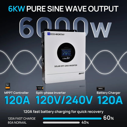 ECO-WORTHY 6KW Solar Off-grid Split-phase AIO Inverter, 48Vdc to 120Vac/240Vac, 9kW@500V PV Input