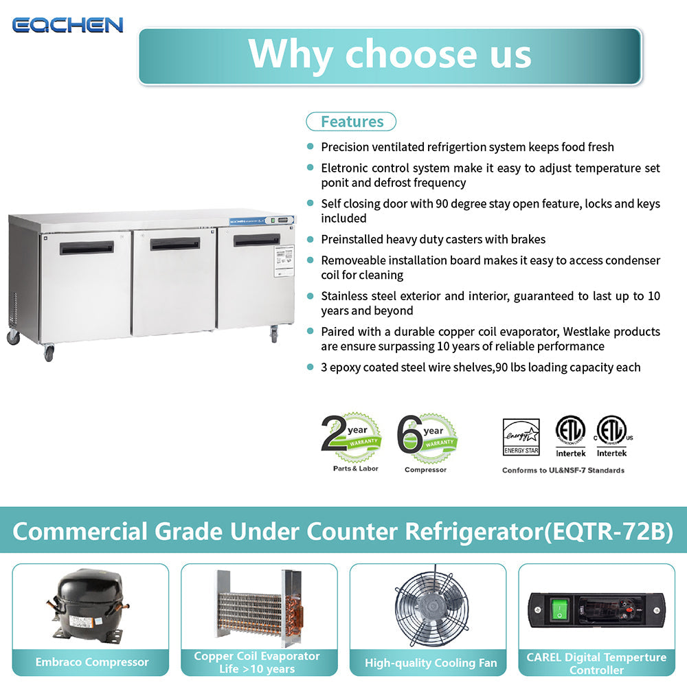 Commercial Undercounter Refrigerator, EQCHEN 72" Three Door Stainless Steel Lowboy Cooler Worktop Fridge 17.7 Cu.ft