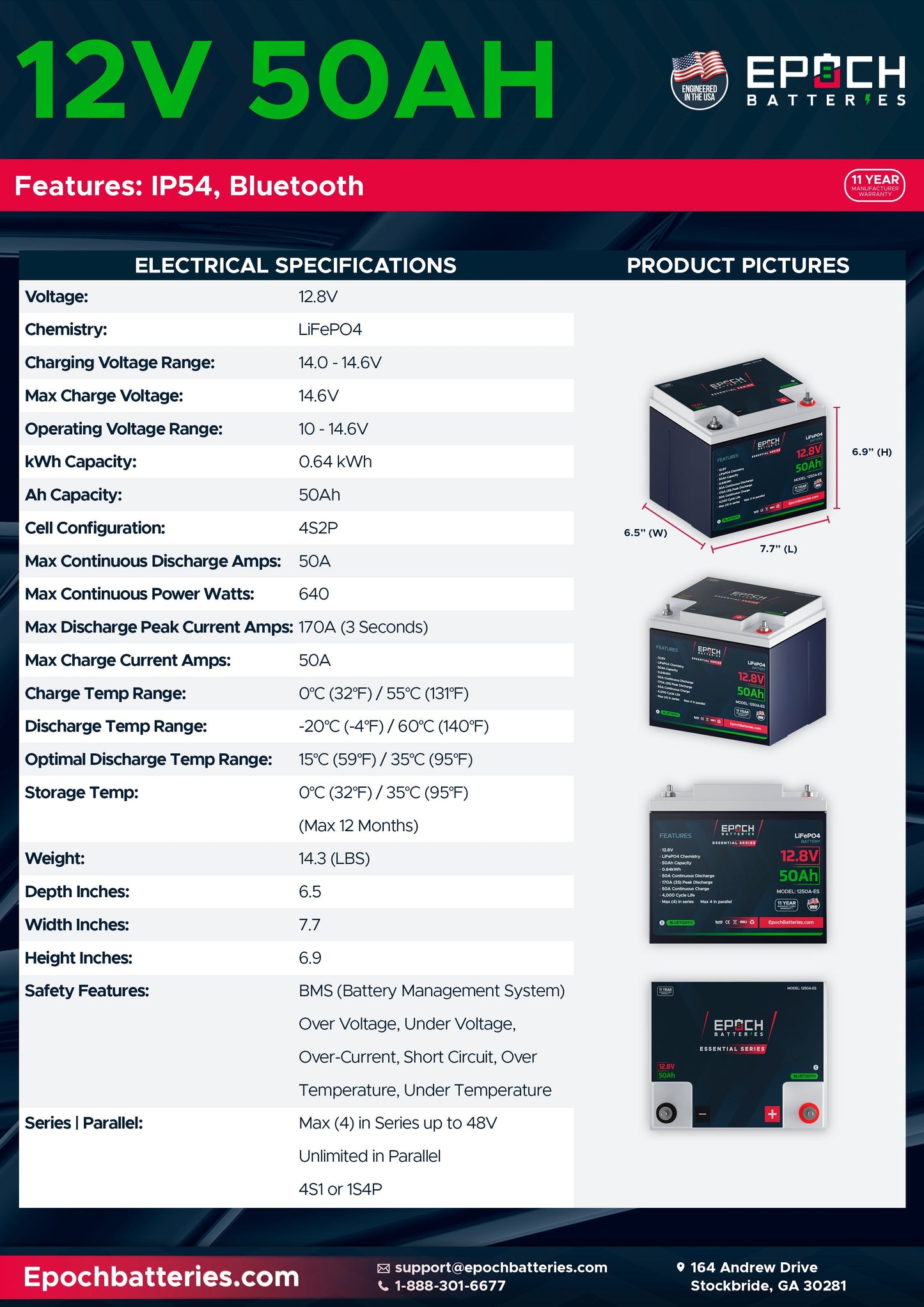 Epoch Batteries 12V 50Ah (0.64kWh) Essential Series - Bluetooth LiFePO4 Battery