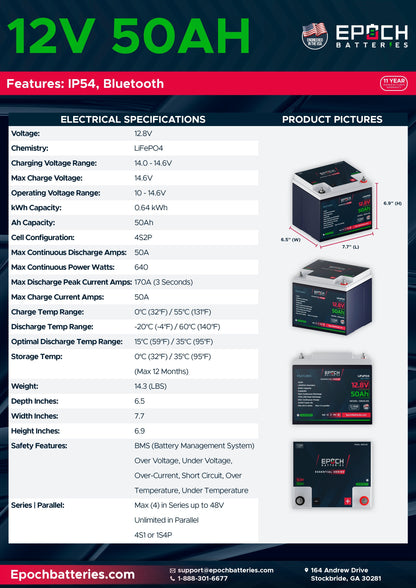Epoch Batteries 12V 50Ah (0.64kWh) Essential Series - Bluetooth LiFePO4 Battery