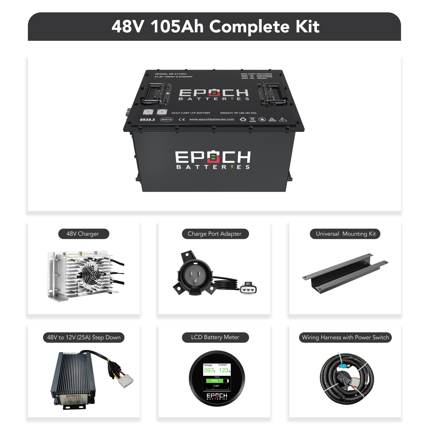Epoch Batteries 48V 105Ah - LiMax Series - Lithium (LiFePO4) Golf Cart Battery - Complete Kit