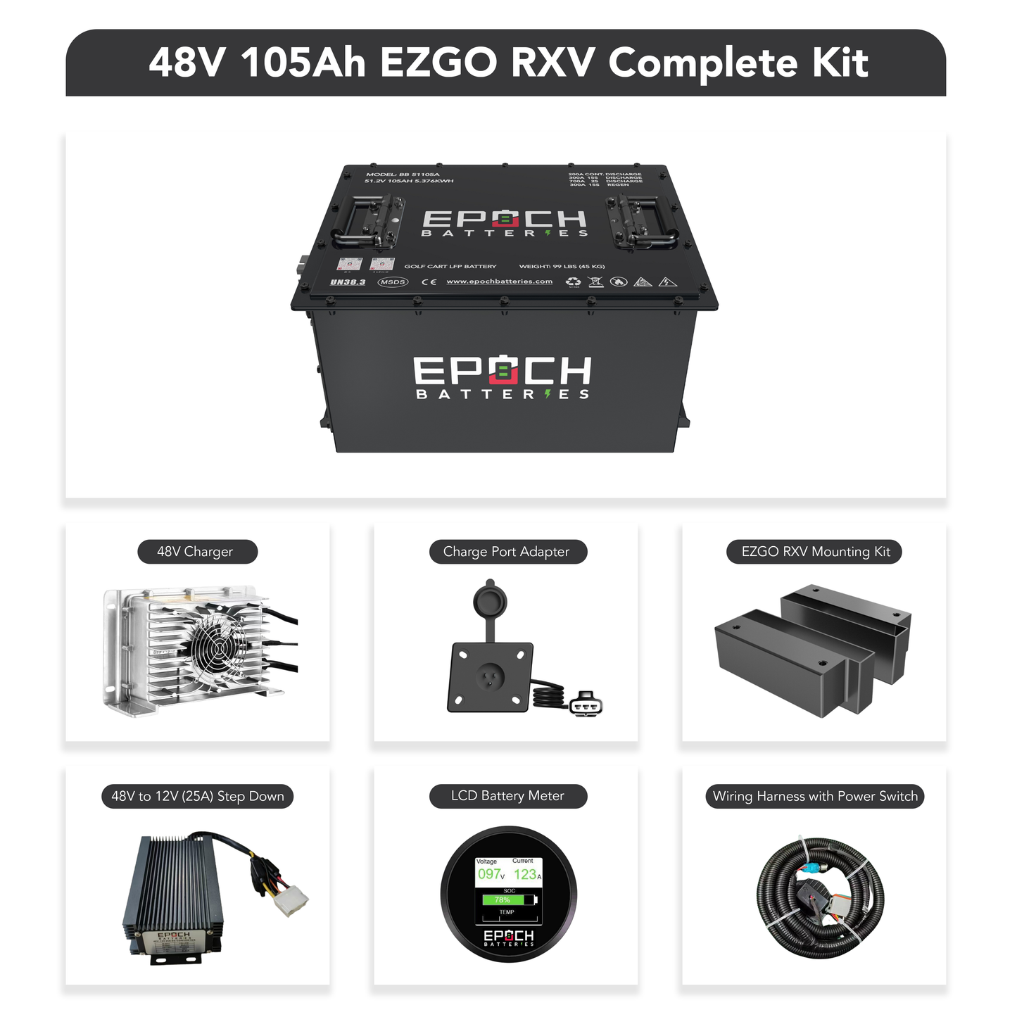 Epoch Batteries 48V 105Ah - LiMax Series - Lithium (LiFePO4) Golf Cart Battery - Complete Kit