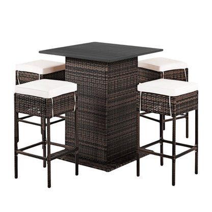 Alora 5-Piece Patio Rattan Bar Table Stool Set With Hidden Storage Shelf & Cushions (SAK14645)
