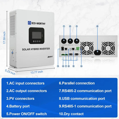 ECO-WORTHY 5000W Solar Off-Grid Inverter Charger – 48V DC to 120V AC Split-Phase | Pure Sine Wave | 10,000W Peak