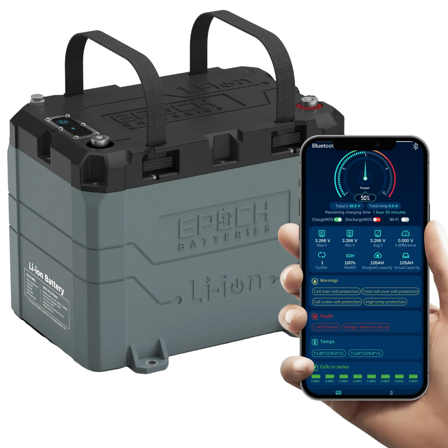 Epoch Batteries 24V 100Ah LiFePO4 Lithium Battery - Bluetooth, Heating, Waterproof