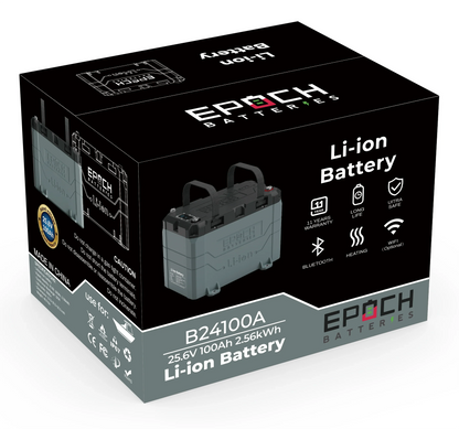 Epoch Batteries 24V 100Ah LiFePO4 Lithium Battery - Bluetooth, Heating, Waterproof