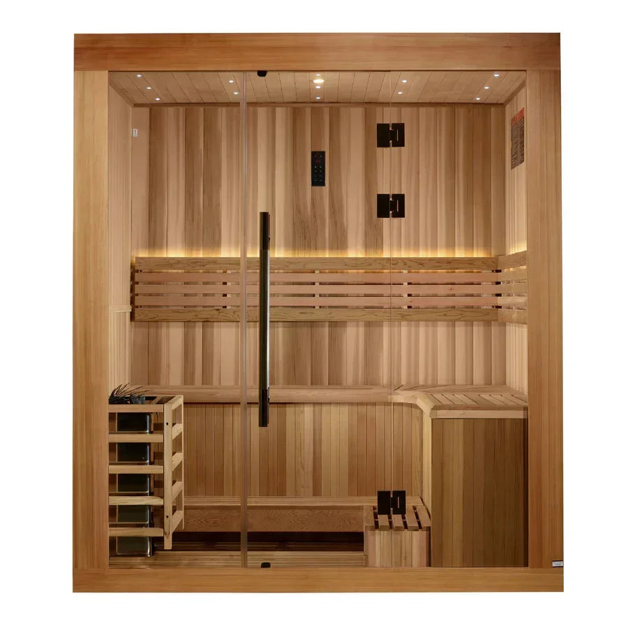 Golden Designs Osla Traditional Sauna – Canadian Red Cedar Interior and Pacific Premium Clear Cedar Exterior | GDI-7689-02 / 2025 Osla | 6 Person