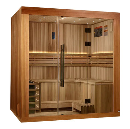 Golden Designs Osla Traditional Sauna – Canadian Red Cedar Interior and Pacific Premium Clear Cedar Exterior | GDI-7689-02 / 2025 Osla | 6 Person