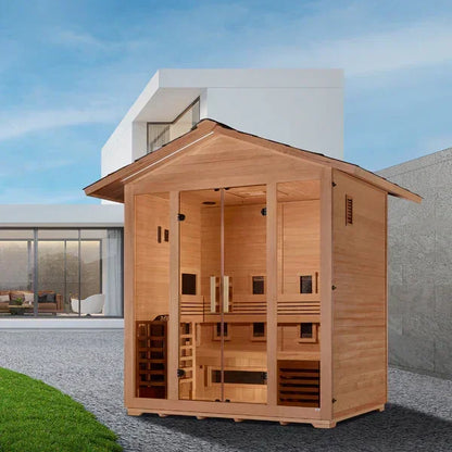 Golden Designs Gargellen Hybrid (PureTech™ Full Spectrum IR or Traditional Stove) Outdoor Sauna – Canadian Hemlock | GDI-8125-01 Gargellen | 5 Persons
