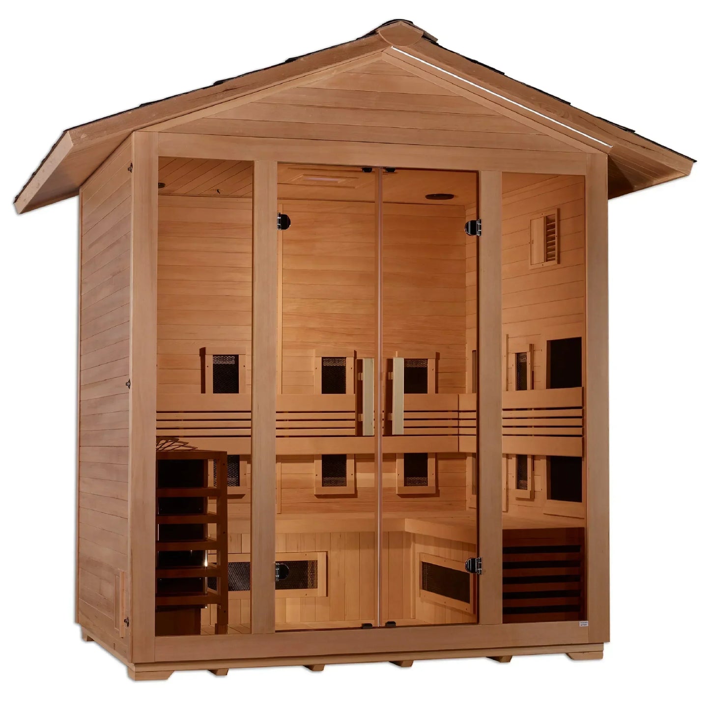 Golden Designs Gargellen Hybrid (PureTech™ Full Spectrum IR or Traditional Stove) Outdoor Sauna – Canadian Hemlock | GDI-8125-01 Gargellen | 5 Persons