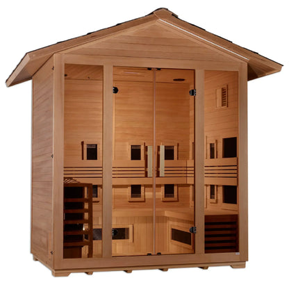 Golden Designs Gargellen Hybrid (PureTech™ Full Spectrum IR or Traditional Stove) Outdoor Sauna – Canadian Hemlock | GDI-8125-01 Gargellen | 5 Persons