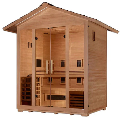 Golden Designs Gargellen Hybrid (PureTech™ Full Spectrum IR or Traditional Stove) Outdoor Sauna – Canadian Hemlock | GDI-8125-01 Gargellen | 5 Persons