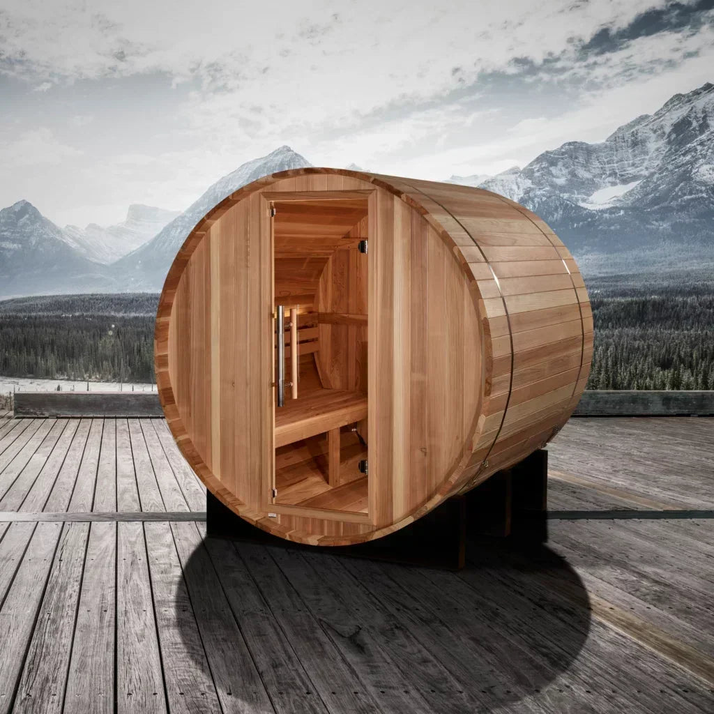 Golden Designs Barrel with Bronze Privacy View – Traditional Sauna – Pacific Cedar | GDI-B024-01 / Zurich | 4 Person