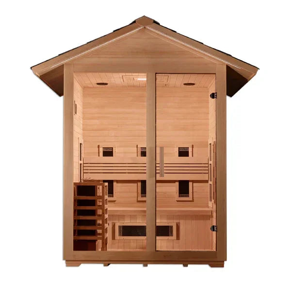 Golden Designs Carinthia Hybrid (PureTech™ Full Spectrum IR or Traditional Stove) Outdoor Sauna – Canadian Hemlock | GDI-8123-01 Carinthia | 3 Persons