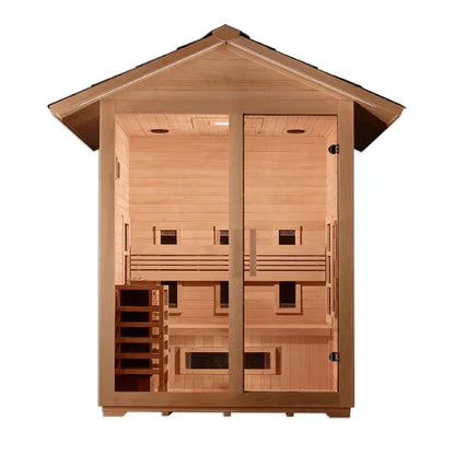 Golden Designs Carinthia Hybrid (PureTech™ Full Spectrum IR or Traditional Stove) Outdoor Sauna – Canadian Hemlock | GDI-8123-01 Carinthia | 3 Persons