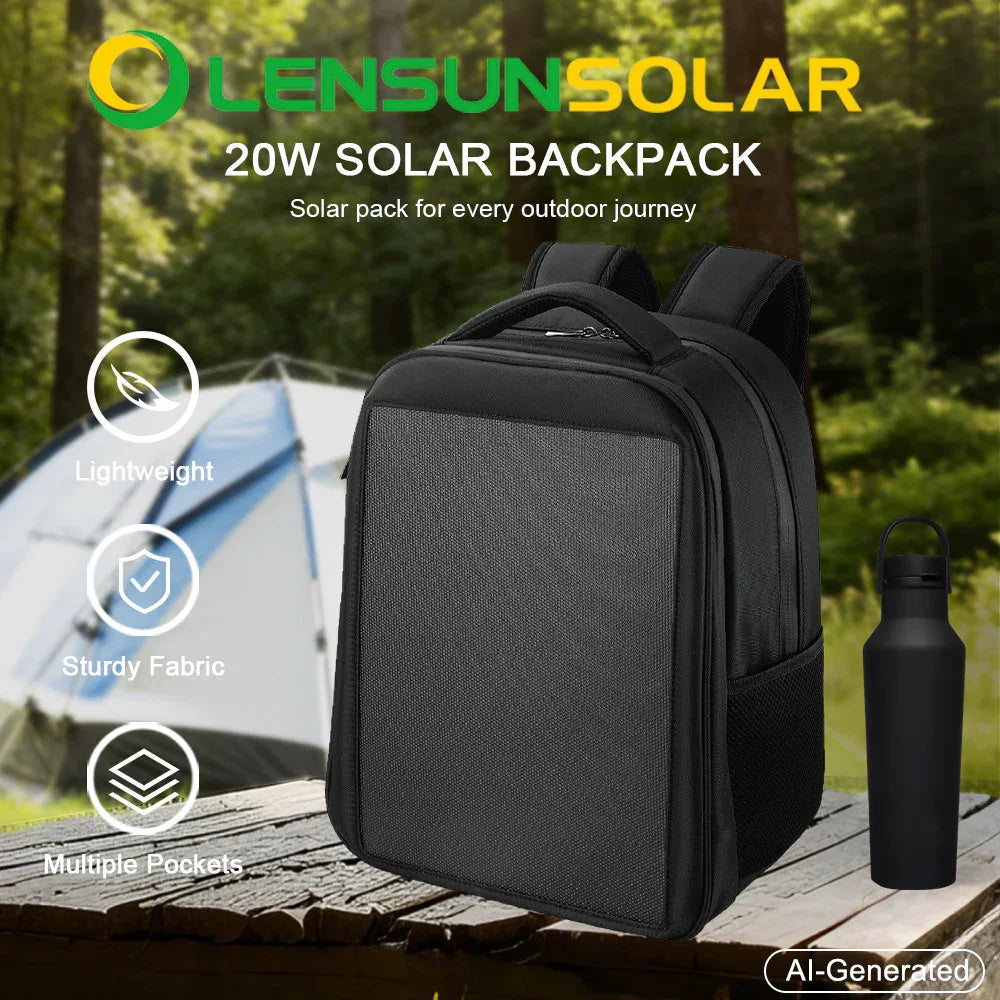 Lensun 20W Waterproof Solar Backpack, USB & Type-C Port