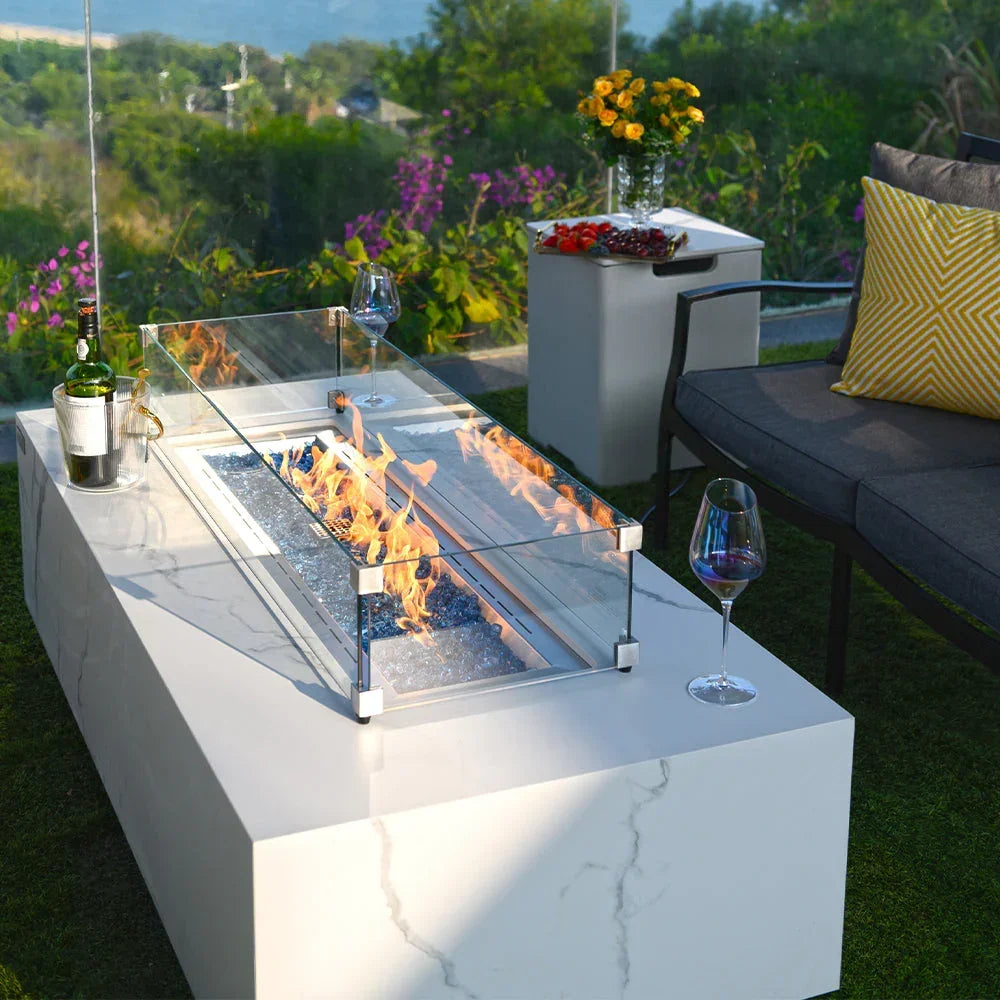 Carrara Outdoor Bianco White Fire Pit Table - Select Fuel Type