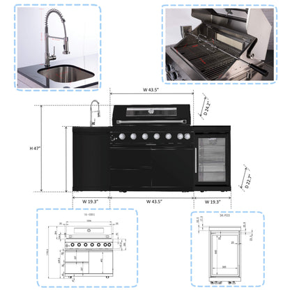 Castelle Flame 85K BTU Outdoor BBQ Kitchen Grill Island With 43-Inch 6-Burner Grill, Wine Fridge, Rotisserie Kit, And Sink (SAK23864)