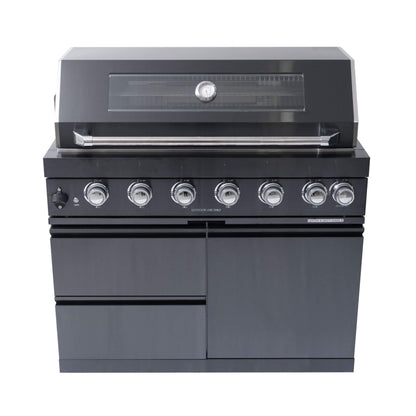 Castelle Flame Premium Black Stainless Steel 6-Burner Gas Grill Kitchen Island With Rotisserie Kit (SAK82641)