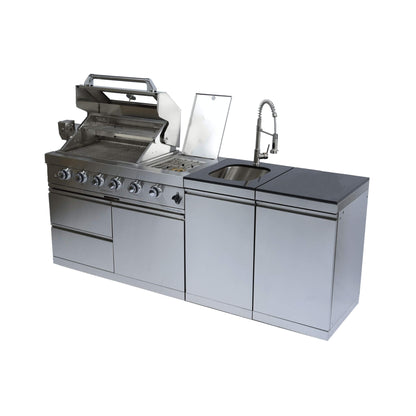 Castelle Flame Stainless Steel Outdoor BBQ Kitchen Island With 46-Inch 4-Burner 85K BTU Grill, Rotisserie Kit, And Cabinets (SAK93192)