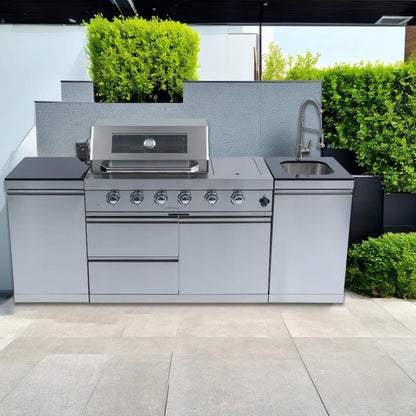 Castelle Flame Stainless Steel Outdoor BBQ Kitchen Island With 46-Inch 4-Burner 85K BTU Grill, Rotisserie Kit, And Cabinets (SAK93192)