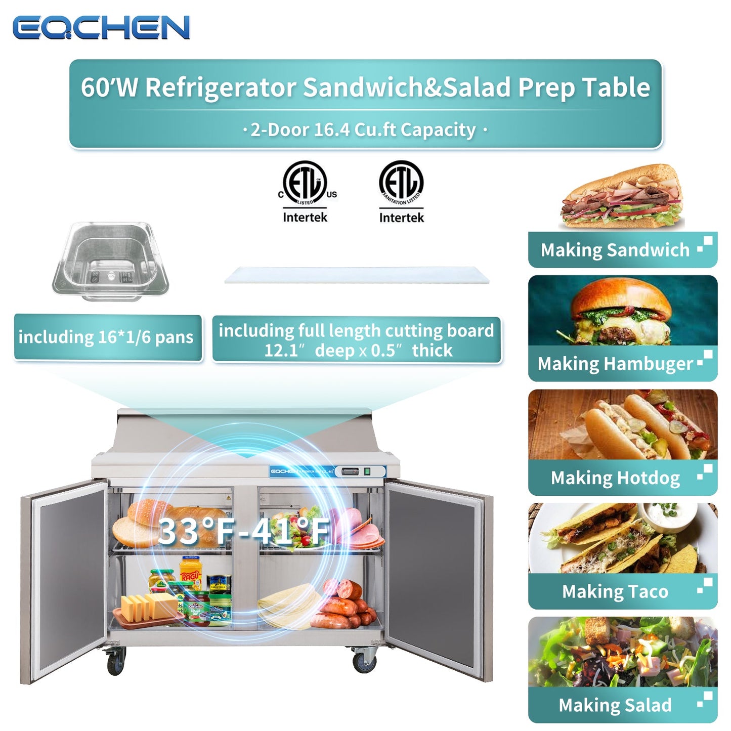 EQCHEN 60 Inch Sandwich Prep Table Refrigerator