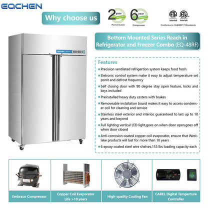 Commercial Fridge and Freezer Combo, EQCHEN 48" 2 door Reach-In Commercial Refrigerator and Freezer Combination