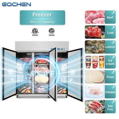 Commercial Reach in Freezer, 3 Door 54 Cu.ft Stainless Steel Commercial Reach in Solid Door Upright Fan Cooling Freezer