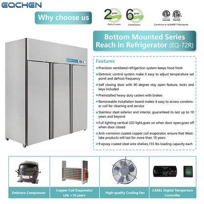 EQCHEN 72 Inch 3 Door Commercial Refrigerator