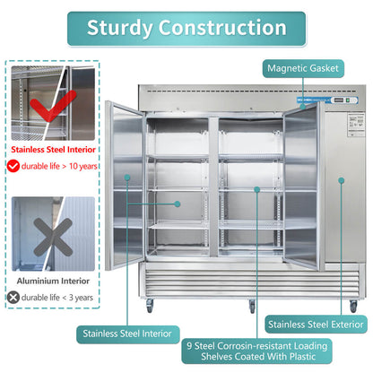 EQCHEN 82 Inch 3 Door Commercial Refrigerator