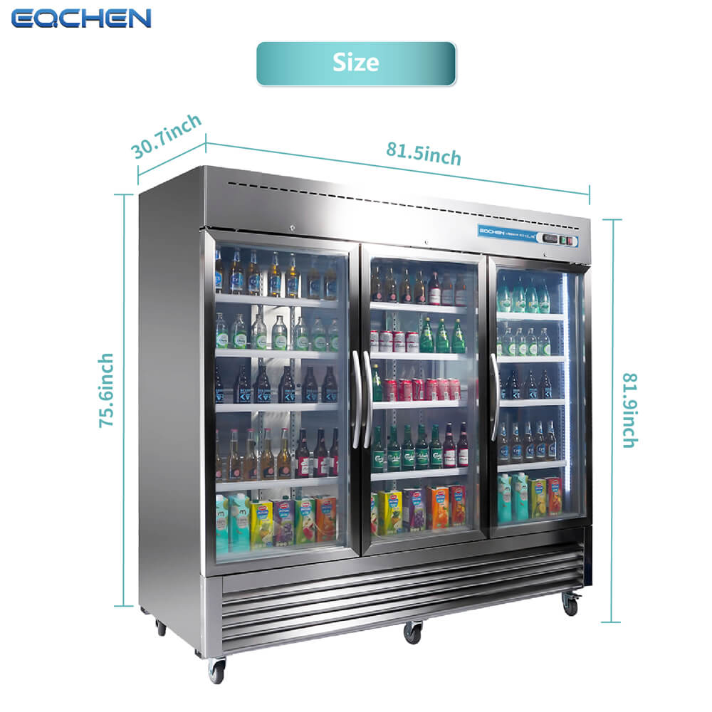 3 Door Commercial Beverage Refrigerator, EQCHEN 82 Inch Commercial Glass Door Refrigerator
