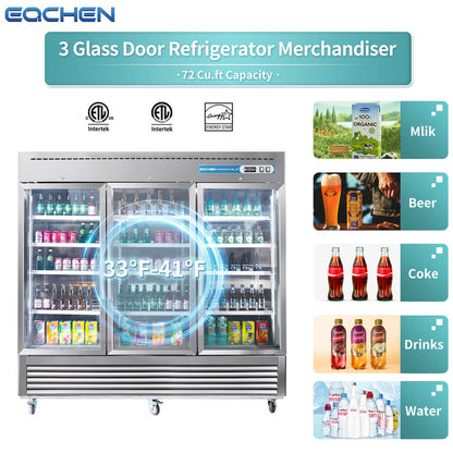3 Door Commercial Beverage Refrigerator, EQCHEN 82 Inch Commercial Glass Door Refrigerator