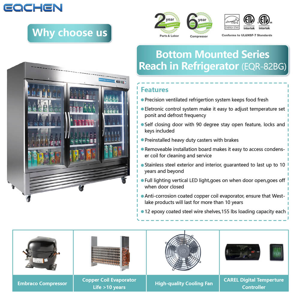 3 Door Commercial Beverage Refrigerator, EQCHEN 82 Inch Commercial Glass Door Refrigerator