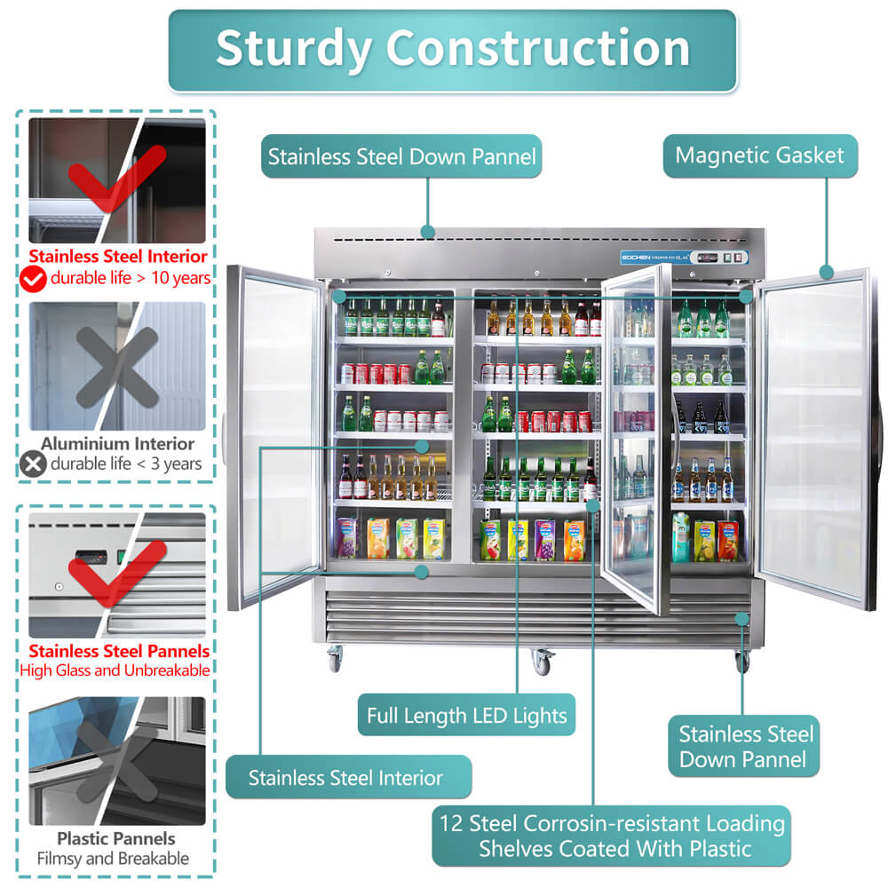 EQCHEN 82 Inch 3 Glass Door Commercial Refrigerator