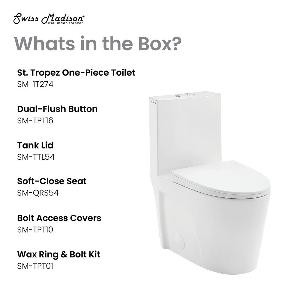Swiss Madison St. Tropez One Piece Elongated Toilet Dual Vortex Flush 1.1/1.6 gpf with 10" Rough In (6 - Pack)