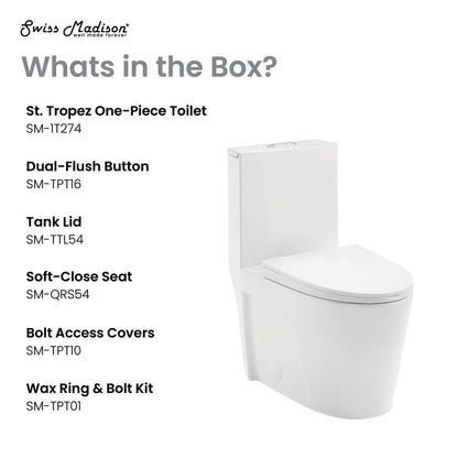 Swiss Madison St. Tropez One Piece Elongated Toilet Dual Vortex Flush 1.1/1.6 gpf with 10" Rough In (6 - Pack)