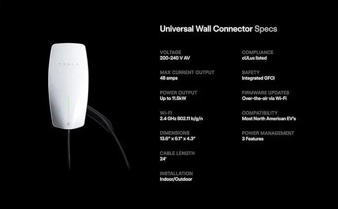 Tesla Universal Wall Connector, Wi-Fi Enabled, Indoor/Outdoor, 24' Cable Length 1734412-02-X