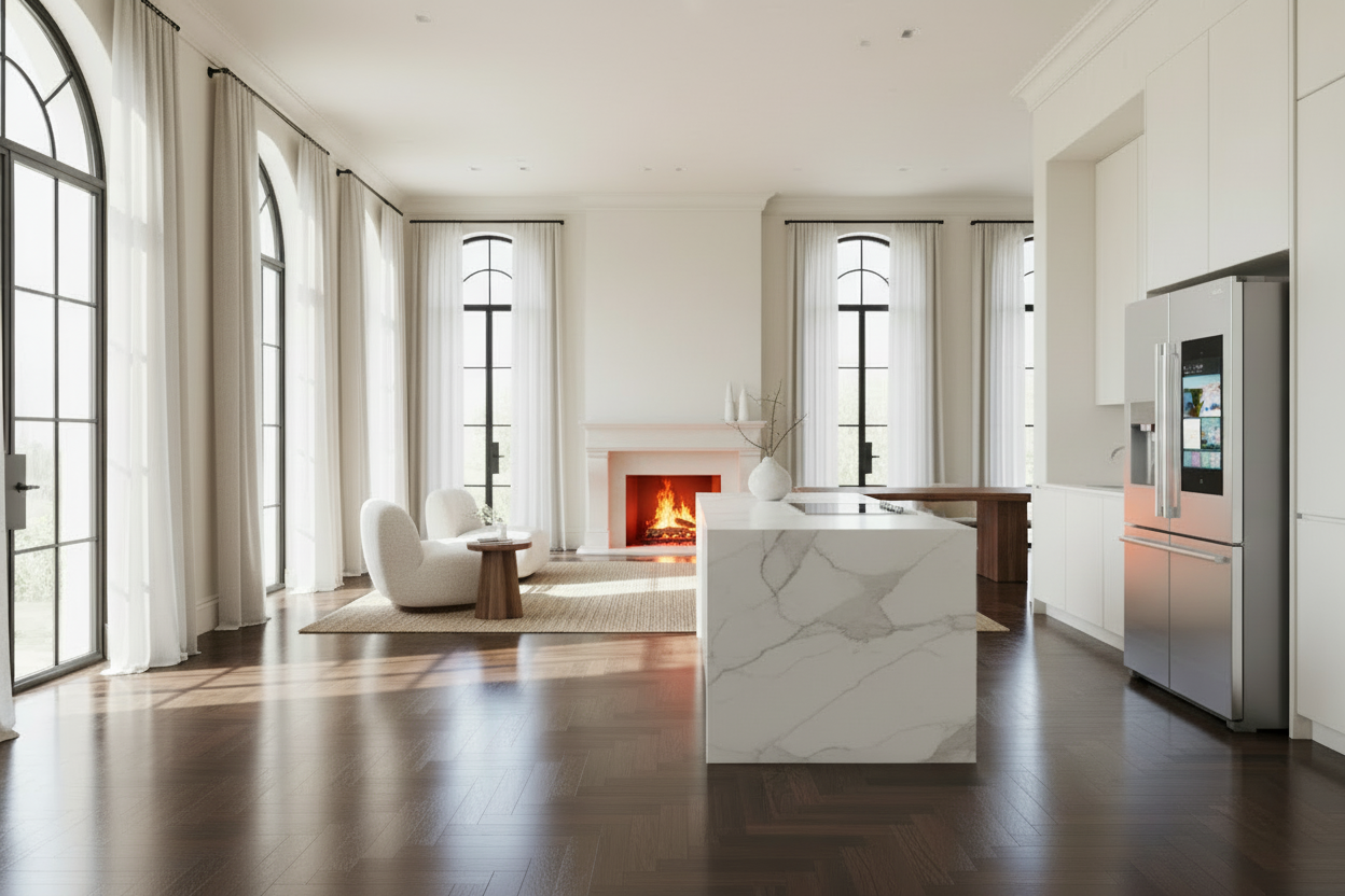 lit the fireplace and add an elegant fdidn tbale in wood in fronf ot tghe isalnd